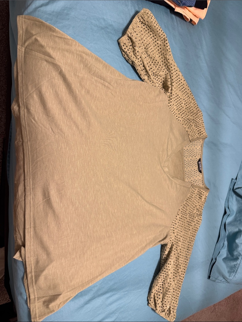 BloomChic Beige Knit Top with Eyelet Short Sleeves